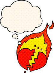 cartoon flaming heart and thought bubble in comic book style