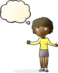cartoon confused woman with thought bubble