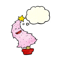 cartoon dancing christmas tree with thought bubble