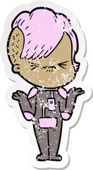 distressed sticker of a cartoon annoyed hipster girl wearing space suit