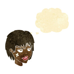 cartoon woman with plaster on face with thought bubble