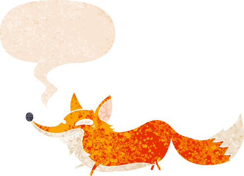 cartoon sly fox and speech bubble in retro textured style