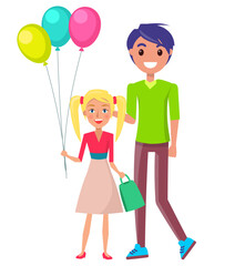Smiling man stands near girl who holds multi-colored balloons and gift bag. Happy fathers day. Birthday girl and older brother. Portrait of lovely father with child isolated. Handsome dad with kid