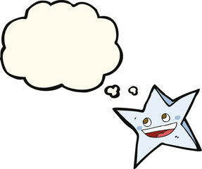 cartoon happy star character with thought bubble