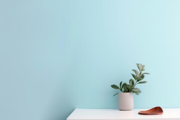Minimalistic blue background with vase plant and a wood phone holder on a table - AI Generated