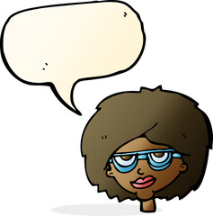 cartoon woman wearing spectacles with speech bubble