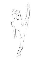 line drawing or logo of dancer doing the splits standing .dance or yoga move , concept flexibility .