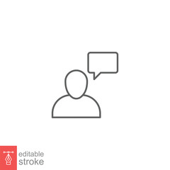 Man with bubble speech line icon. Testimonials and customer relationship management concept. Simple outline style. Vector illustration isolated on white background. Editable stroke EPS 10.