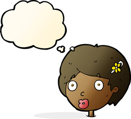 cartoon surprised female face with thought bubble