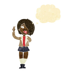 cartoon cool girl giving peace sign with thought bubble