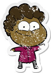 distressed sticker of a cartoon happy man