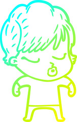 cold gradient line drawing cartoon woman with eyes shut