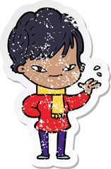 distressed sticker of a cartoon happy woman