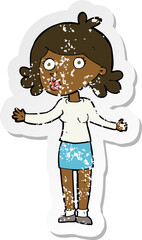 retro distressed sticker of a cartoon confused woman