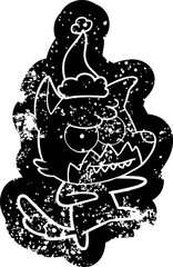 Fototapeta premium cartoon distressed icon of a grinning fox wearing santa hat