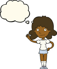 cartoon woman waving with thought bubble