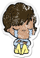distressed sticker of a cartoon woman crying