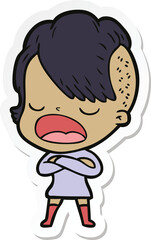 sticker of a cartoon cool hipster girl talking