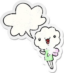 cute cartoon cloud head creature and speech bubble distressed sticker