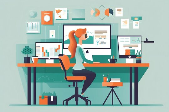 vector image of a woman working as a marketer, vector, flat design style, character, cartoon, office worker, employee, cute concept vector illustration in flat style. generative ai