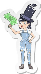 retro distressed sticker of a cartoon woman holding on to money