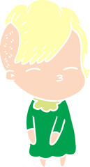 flat color style cartoon squinting girl
