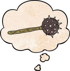 cartoon medieval mace and thought bubble in grunge texture pattern style