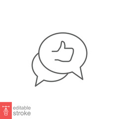 Bubble speech talk with thumb up line icon. Testimonials and customer relationship management concept. Simple outline style. Vector illustration isolated on white background. Editable stroke EPS 10.
