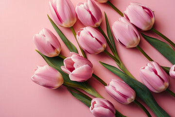 Fototapeta premium beautiful bouquet of spring tulip flowers on a pink background. Generative ai