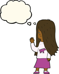 cartoon girl with pony shirt waving with thought bubble