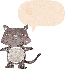 cartoon cat and speech bubble in retro textured style