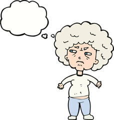 cartoon annoyed old woman with thought bubble