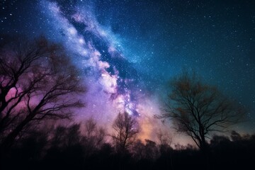 Obraz na płótnie Canvas Night starry sky and bright purple blue galaxy, horizontal background. Generative AI