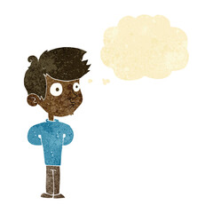 cartoon boy staring with thought bubble