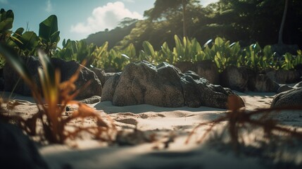 Obraz premium Tropical beach with palm trees and sand dunes at sunset,blue sea.Generative Ai
