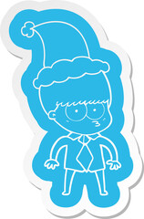 nervous cartoon  sticker of a boy wearing shirt and tie wearing santa hat