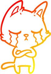 warm gradient line drawing crying cartoon cat with folded arms