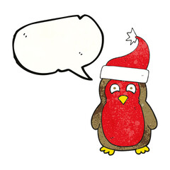 speech bubble textured cartoon christmas robin wearing santa hat