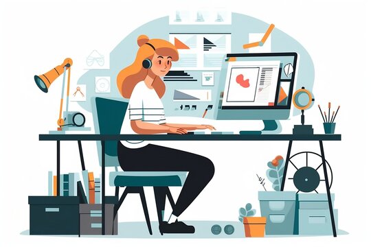 vector image of a woman working as a graphic designer, vector, flat design style, character, cartoon, office worker, employee, cute concept vector illustration in flat style. generative ai