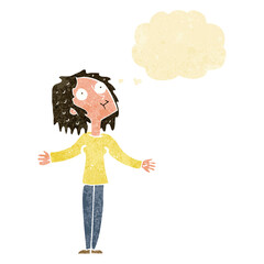 cartoon curious woman looking upwards with thought bubble