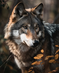 Fototapeta premium Сlose-up portrait of a eurasian grey wolf