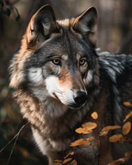 Сlose-up portrait of a eurasian grey wolf