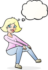 cartoon happywoman sitting with thought bubble