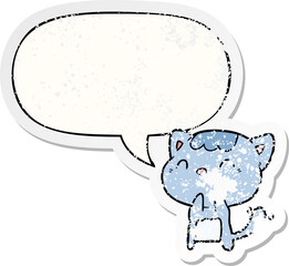 cute cartoon happy little cat and speech bubble distressed sticker