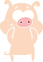 happy flat color style cartoon pig