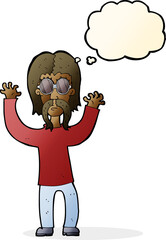 cartoon hippie man waving arms with thought bubble