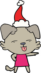 line drawing of a dog sticking out tongue wearing santa hat