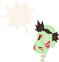 cartoon zombie head and speech bubble in retro style