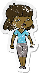distressed sticker of a cartoon worried woman