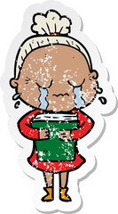 distressed sticker of a cartoon crying old lady